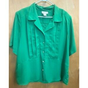 Vintage Jordan Woman Blouse Green Pleated Gold Button Career Top Retro Sz 24